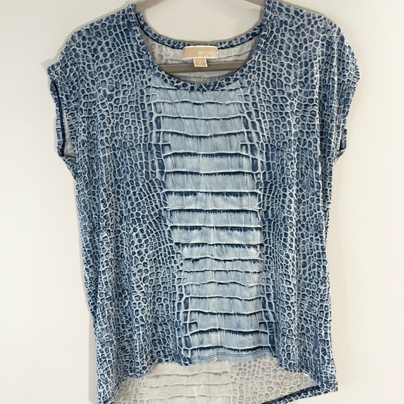 Michael Kors Blue Snakeskin Print Blouse Small Croc Reptile Top - Picture 2 of 5